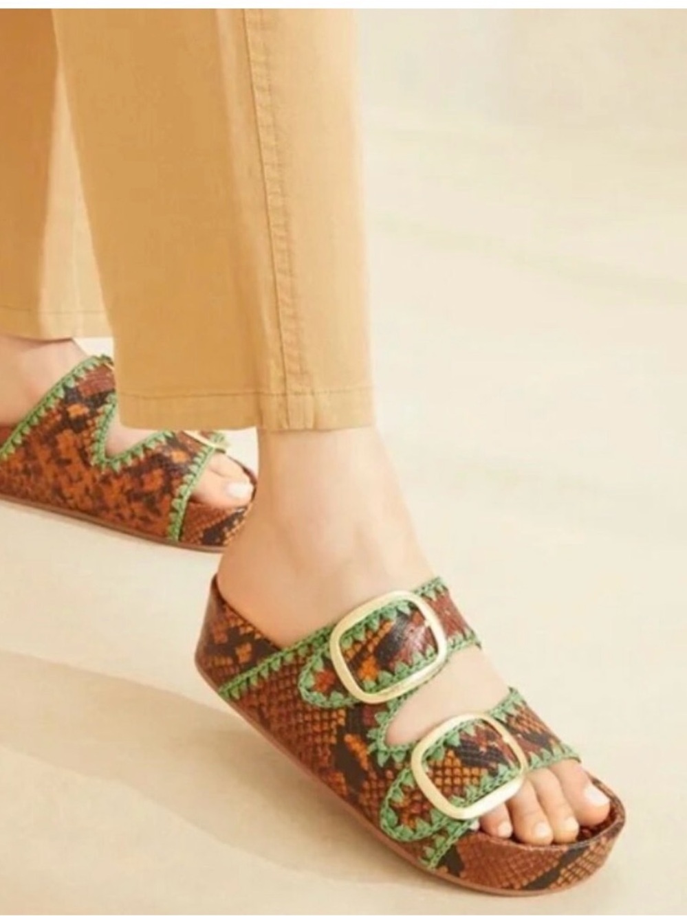 Loeffler Randall Theo Platform Sandal 7.5 Chunky Brown Snake Print Buckle Summer